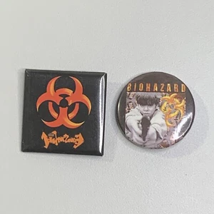 Biohazard Pin Back Button Rock Hip Hop Music Band 1 1/2" Square Round 2 Pack - Picture 1 of 2