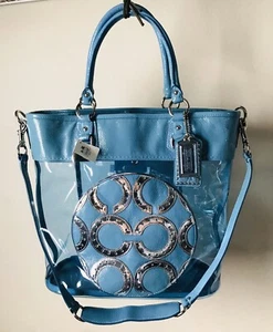 NWT COACH JULIA TRANSPARENT CLEAR OP ART PERRY AQUA SILVER TOTE BAG 15021 - Picture 1 of 12