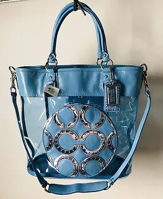 NWT COACH JULIA TRANSPARENT CLEAR OP ART PERRY AQUA SILVER TOTE BAG 15021 - Image 1 of 4