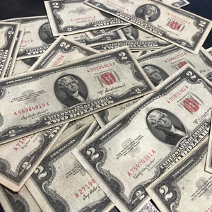 1953 Two Dollar Bills • Average Circulated Two Dollar ($2) Red Seal Clean Notes - Picture 1 of 2