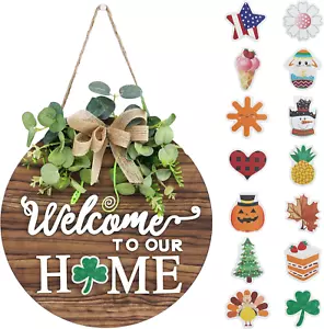 Interchangeable Seasonal Welcome Sign Front Door Decoration, Rustic round Wood W - Picture 1 of 12