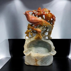 Hand Carved Soapstone Chinese Well, Phoenix Bird and Flowers Ashtray - READ - Picture 1 of 19