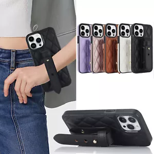 For iPhone 14 13 12 11 Pro Max XR 8 7 Plus PU Leather Shockproof Wristlet Case - Picture 1 of 37
