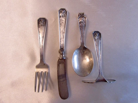 Webster Sterling Silver Pug Dog Baby Set Fork, Knife, Spoon, Pusher Antique Cover