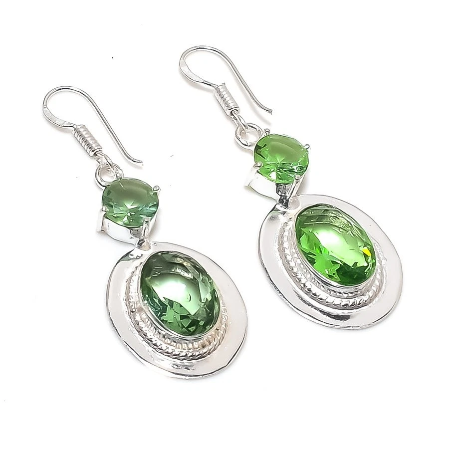 Green Amethyst Gemstone Handmade 925 Sterling Silver Jewelry Earring Size 2" - Image 1 of 1