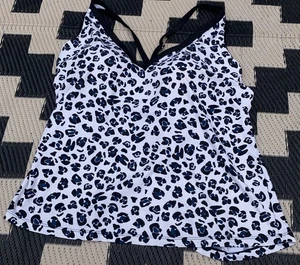 South Point Tankini Swim Top Wh Black Blue Leopard Print Plus Sz ?14W? EUC - Picture 1 of 8