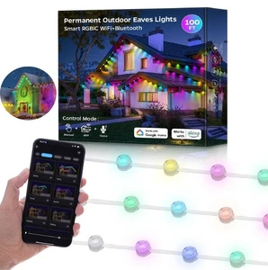 Permanent Outdoor Eaves Lights Smart RGBIC 72 LED String Light 100ft - Picture 1 of 14