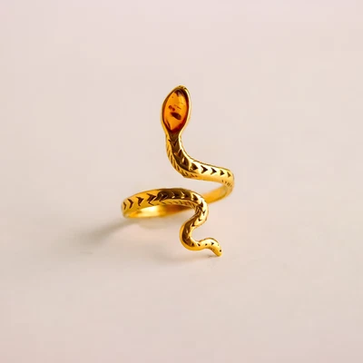 Anillo Serpiente Ámbar Báltico - Chapado en Oro 14k s925 Tamaño Ajustable Foto 1 de 4