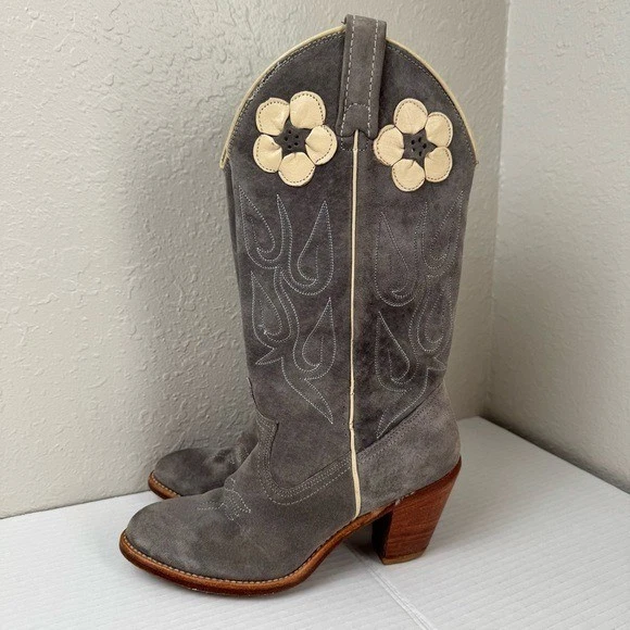 Acme vintage 70s gray suede leather cowgirl western floral daisy boots 6 - Image 1 of 4