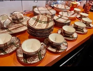Vintage Blue Ridge Southern Potteries Rustico Marrone Plaid 38 Pezzi Set - Foto 1 di 2