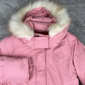 GAP Puffer Jacket Womens Medium Zip Snap Button Faux Fur Hooded Winter Coat Pink - Picture 1 of 21