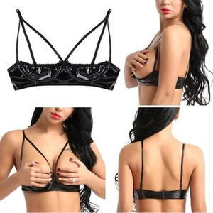 Womens Cupless Shelf Bra Faux Leather Open Cup Lingerie Exposed Nipples Bustier - Picture 1 of 30