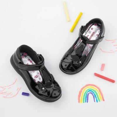 Walkright Girls Shoes Black Kids School Patent Unicorn Easy Fasten School Fiz