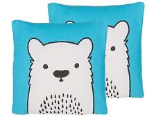 Set of 2 Kids Cushions Bear Print Pillow Soft Toy Blue Waranasi