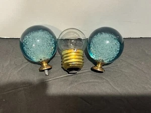 ANTIQUE PAIR LAMP PARTS - 2 BLUE FINIALS WITH CRYSTAL LOOK INSIDE - Picture 1 of 7