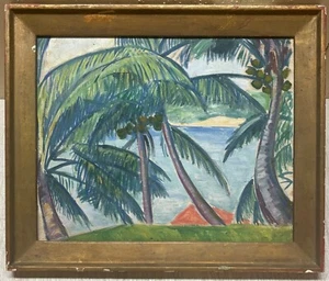 Vintage ELIZABETH GRANDIN Tropical Island Coastal Landscape Oil PAINTING -Listed - Picture 1 of 12