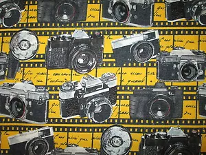 CAMERA VINTAGE MOVIE STAR HOLLYWOOD CAMERAS YELLOW COTTON FABRIC FQ - Picture 1 of 6