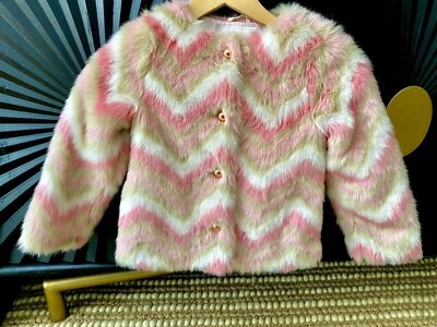 Janie & Jack Fur Coat Pink Chevron Pattern W/ Rose Gold Buttons Girls Size 5-6 - Image 1 of 2