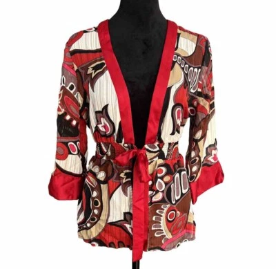 Vintage Smocked Kimono Tie Wrap Top Sz S Red Satin Retro Boho Y2k Sheer Cardigan - Image 1 of 4