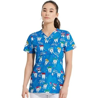 Dickies Medical Every Day Is Tooth's Day Dental V Neck Short Sleeve Scrub Top LG - Image 1 of 4