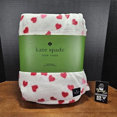 NEW KATE SPADE Luxury Plush Blanket White Red Pink Hearts Oversized 68"x90" - Image 1 of 4