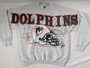 Vintage 90s Miami Dolphins AOP Crewneck Sweatshirt NFL Deadstock Size XL, Gray - Picture 1 of 5