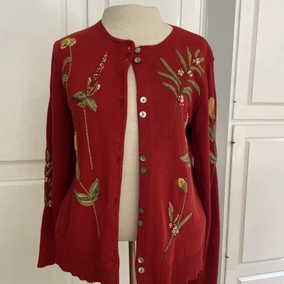 Cárdigan Suéter Vintage Susan Bristol Floral Bordado Cinta Talla Mediana Folk Foto 1 de 4