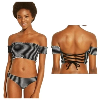 Xhilaration Shirred Stripe Smocked Off-The-Shoulder Lace Up Corset Back Swim Top - Image 1 of 4