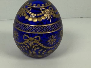 Uovo vetro artistico inciso stile Russia Fabergé vintage da collezione blu cobalto oro - Foto 1 di 6