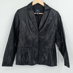 Vintage Y2K Gap Black Leather Jacket Womens XS 2000s 90s Mob Wife Minimalist - Picture 1 of 13