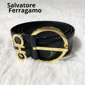 Salvatore Ferragamo Gancini Belt Men's Leather Black Gold Japan - Picture 1 of 15