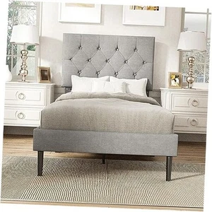 Twin Size Platform Bed Frame with Upholstered Headboard, Button Tufted Design, - Picture 1 of 7