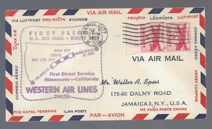 1953 Rapid City S. Dakota First Flight cover to Minneapolis-border env - Picture 1 of 2