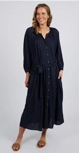 Elm Orla Midi Dress Size AU 12 US 8 Navy Blue Balloon Sleeve Belted BNWT $149 - Picture 1 of 11