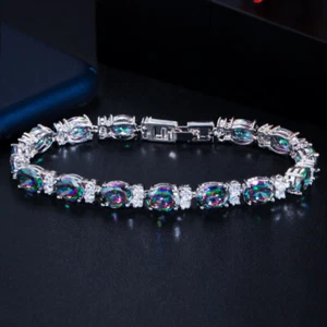 Beautiful Mystical Topaz CZ Big Round Oval Multicolor Rainbow Bracelet for Women