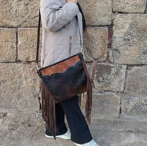 Ladies Western Fringe Leather Crossbody Bag Hairon Shoulder Purse Boho Style - Picture 1 of 39