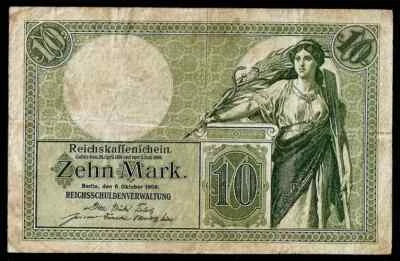 GERMANY, Deutsche Reichskassenschein 10 MARK 1906 P-9b, DEU-53b Ro.27b VF - Image 1 of 2