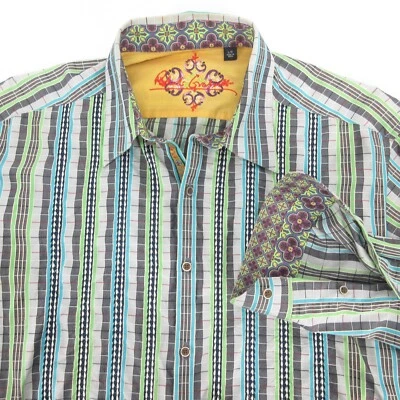 Рубашка мужская Robert Graham размер большой сине-зеленая в полоску контрастный воротник манжета - Изображение 1 из 4