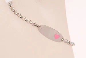 925 Sterling Silver Child's ID Bracelet with Pink Enamel Heart - 6" Inches - New - Picture 1 of 4