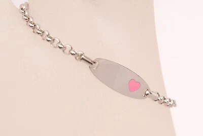 925 Sterling Silver Child's ID Bracelet with Pink Enamel Heart - 6" Inches - New - Image 1 of 4