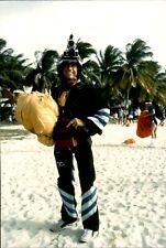 GA103 1988 Original Color Photo SKYDIVER ON BEACH Helmet Camera Yellow Parachute