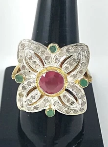 Pave Diamond Natural Ruby & Emerald Gemstone 925 Sterling Silver Victorian Ring - Picture 1 of 9