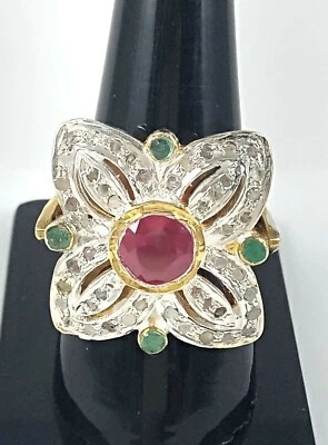 Pave Diamond Natural Ruby & Emerald Gemstone 925 Sterling Silver Victorian Ring - Image 1 of 4