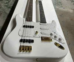 Bajo y guitarra eléctrica blanca de 4+6 cuerdas hardware dorado incrustación de traste de flores - Imagen 1 de 8