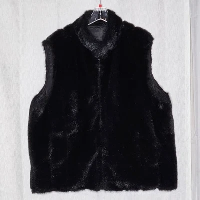Prague Black Faux Fur Reversible Silk Blend Zip Front Side Pockets Dressy Vest - Image 1 of 4