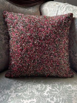 Pier 1 Beaded Throw Pillow Square Jewel Tones Red Zip Close Sequins Christmas - Image 1 of 4