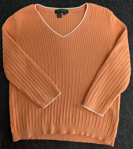 Maglione donna Lauren Ralph Lauren maglia cavo taglia media rosa pesca cotone scollo a V - Foto 1 di 11