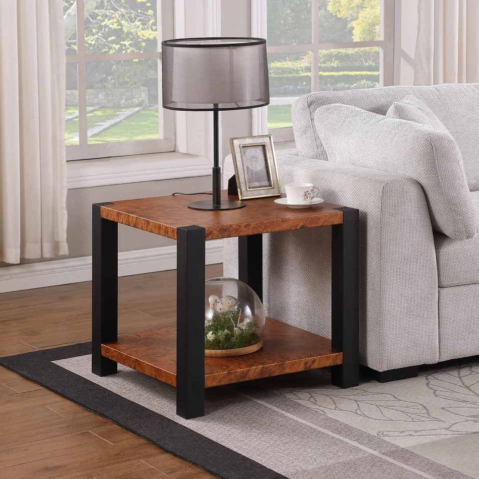 23.6" Square Burl Wood Metal Top Matte Black Double Layer End Table - Image 1 of 4