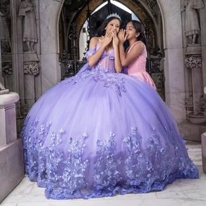 Lavender Quinceanera Dresses Shiny Lace Floral Applique Cape Ball Gowns Sweet 16 - Picture 1 of 9