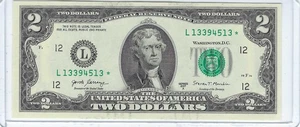 Billete de dos dólares raro sin circular BILLETE ESTRELLA 640K TIRADA BAJA L13394513* - Imagen 1 de 3
